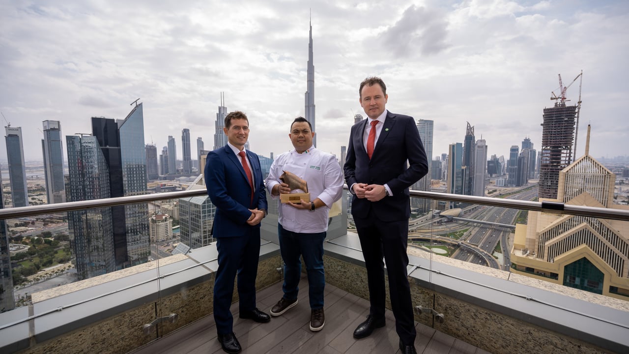 Eka Mochamad, pictured with Kieran Fitzgerald, Bord Bia regional director, Middle East, and the Minister for Agriculture Food and the Marine, Charlie McConalogue, in Dubai.