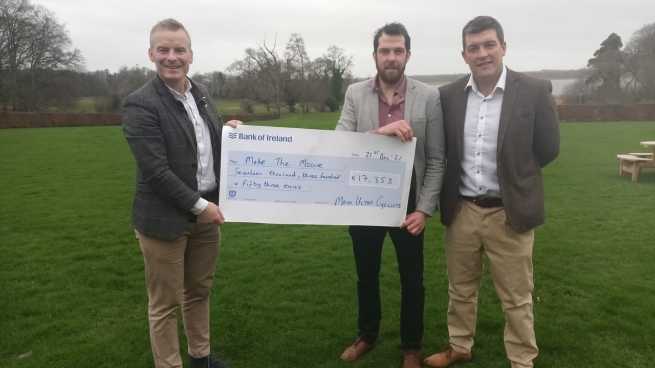 Alan Heaney (left) and Niall McGauran (right) of the Mayo Ultra Cyclists presenting a cheque to Macra na Feirme president and Make the Moove co-founder, John Keane (centre)