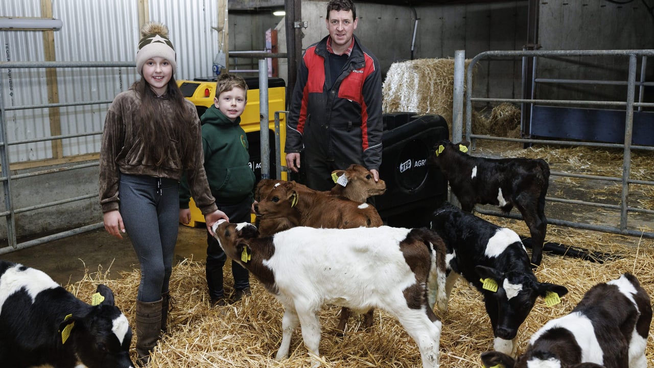 Michael Cahalane, Clonakilty, Co Cork along his children Sara and Dennis and young calves using the JFC Evolution Calf Feeder