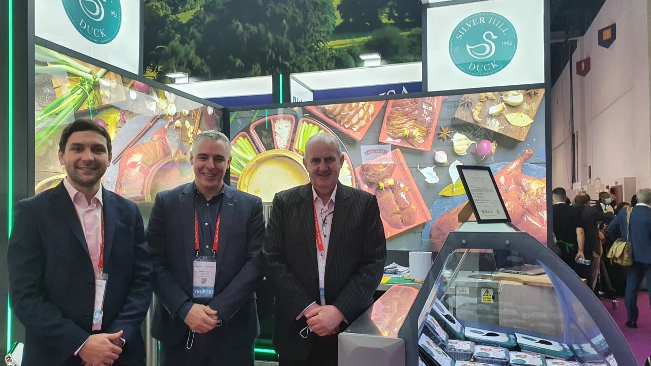 Greg Devlin; Barry Cullen and Declan Ennis of Silver Hill Duck exhibiting at the Origin Green stand at Gulfood 2022 in Dubai