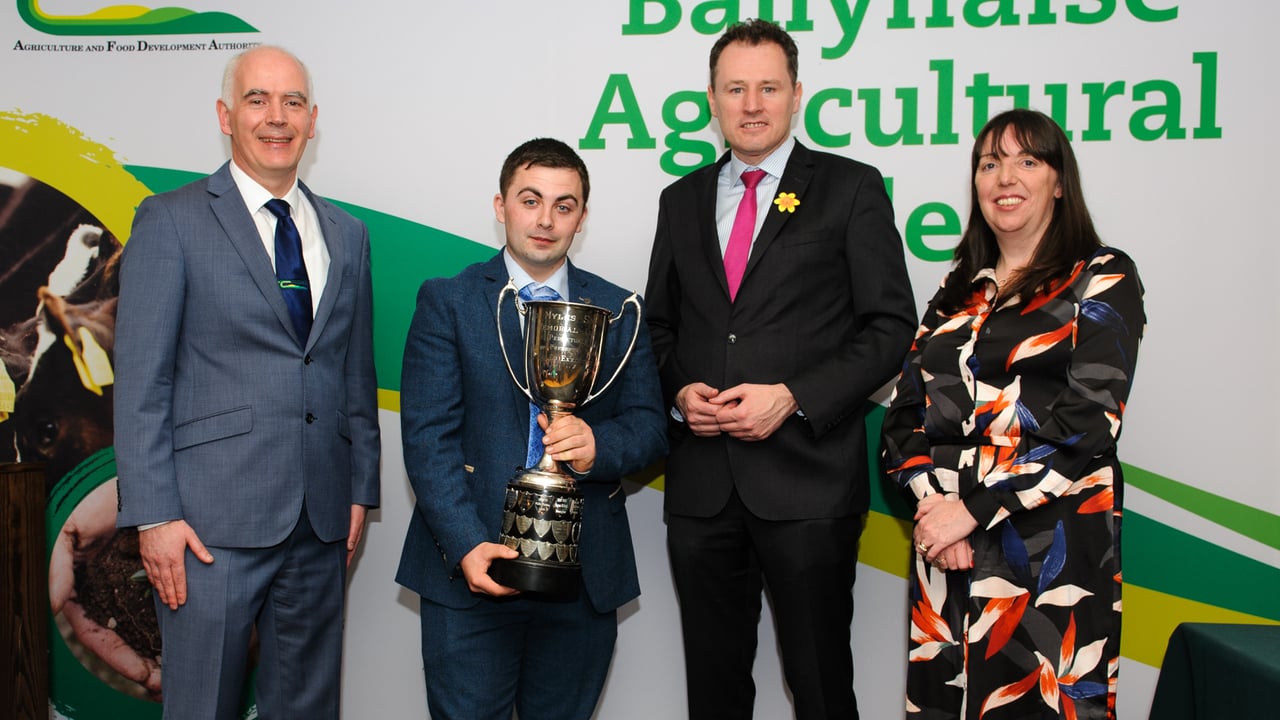 Pictured at The Teagasc Ballyhaise College Student Awards Presentation held in The Cavan Crystal Hotel from left John Kelly (Principal Ballyhaise College), Sean Og McCormack (Overall Student of The Year Award Winner for 2020-2021) receives his award from Minister Charlie Mc Conalogue TD (Minister for Agriculture, Food &amp; The Marine) and Dr Anne-Marie Butler (Head of Education Teagasc).