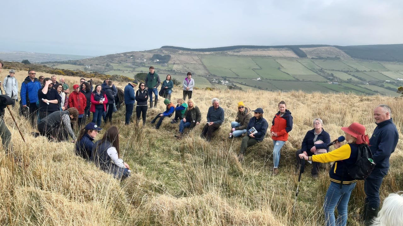 Organic farmer Brigid O'Connor speaking during the farm walk on her lands at Gleann na nGealt, Camp, Co. Kerry 