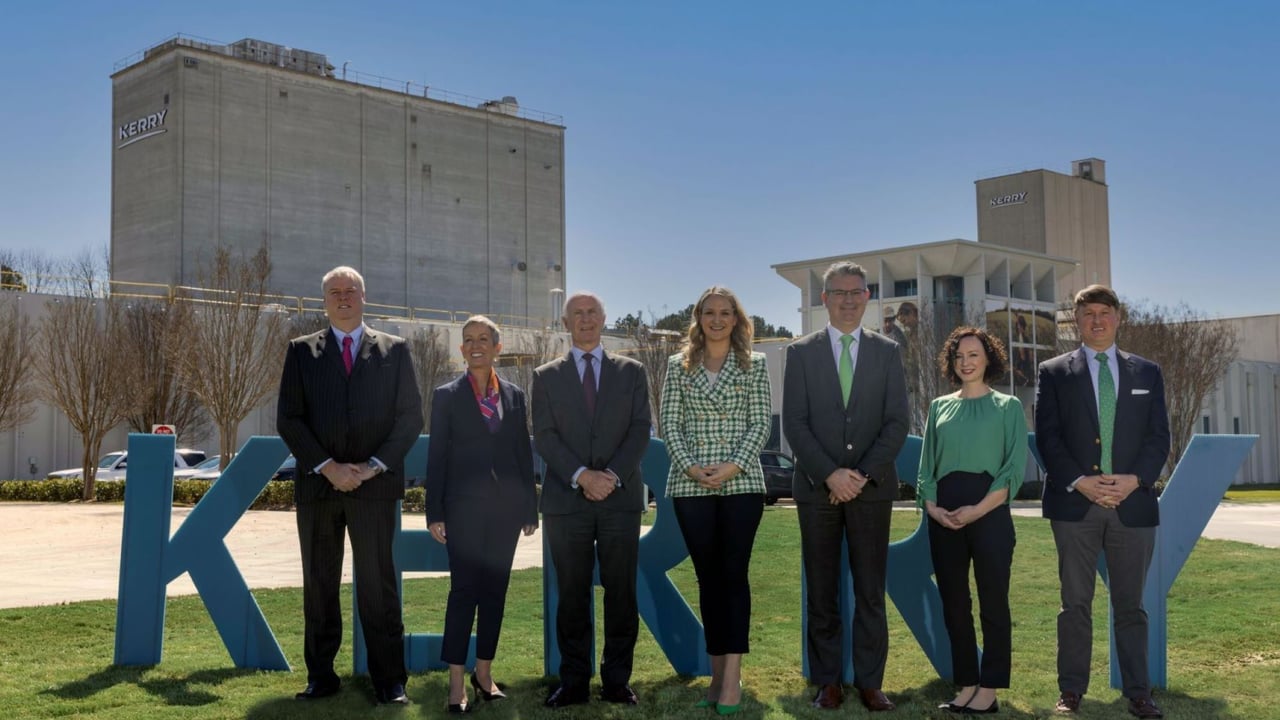 L-r: Kerry North America CEO Oliver Kelly; chief corporate affairs and brand officer Catherine Keogh; chairman of the board Philip Toomey; Minister for Justice, Helen McEntee; Kerry CEO Edmond Scanlon, the Consul General of Ireland in Atlanta Caoimhe Ní Chonchúir; and Georgia economic development commissioner, Pat Wilson