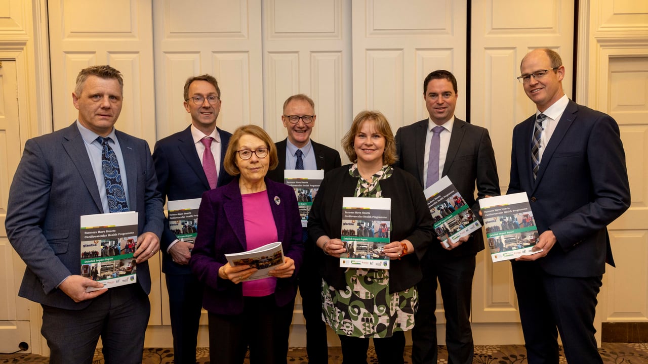 Pictured at the launch: Fergal Fox, HSE, head of stakeholder engagement and communications, health and wellbeing; Pat O’Keeffe, corporate affairs director, Glanbia Ireland; Professor Emer Shelley, chair of the Irish Heart Foundation; Minister of State, Frank Feighan; Diana Van Doorn, Teagasc/IT Carlow; Minister of State, Martin Heydon; and Dr. Stan Lalor, Teagasc, director of knowledge transfer