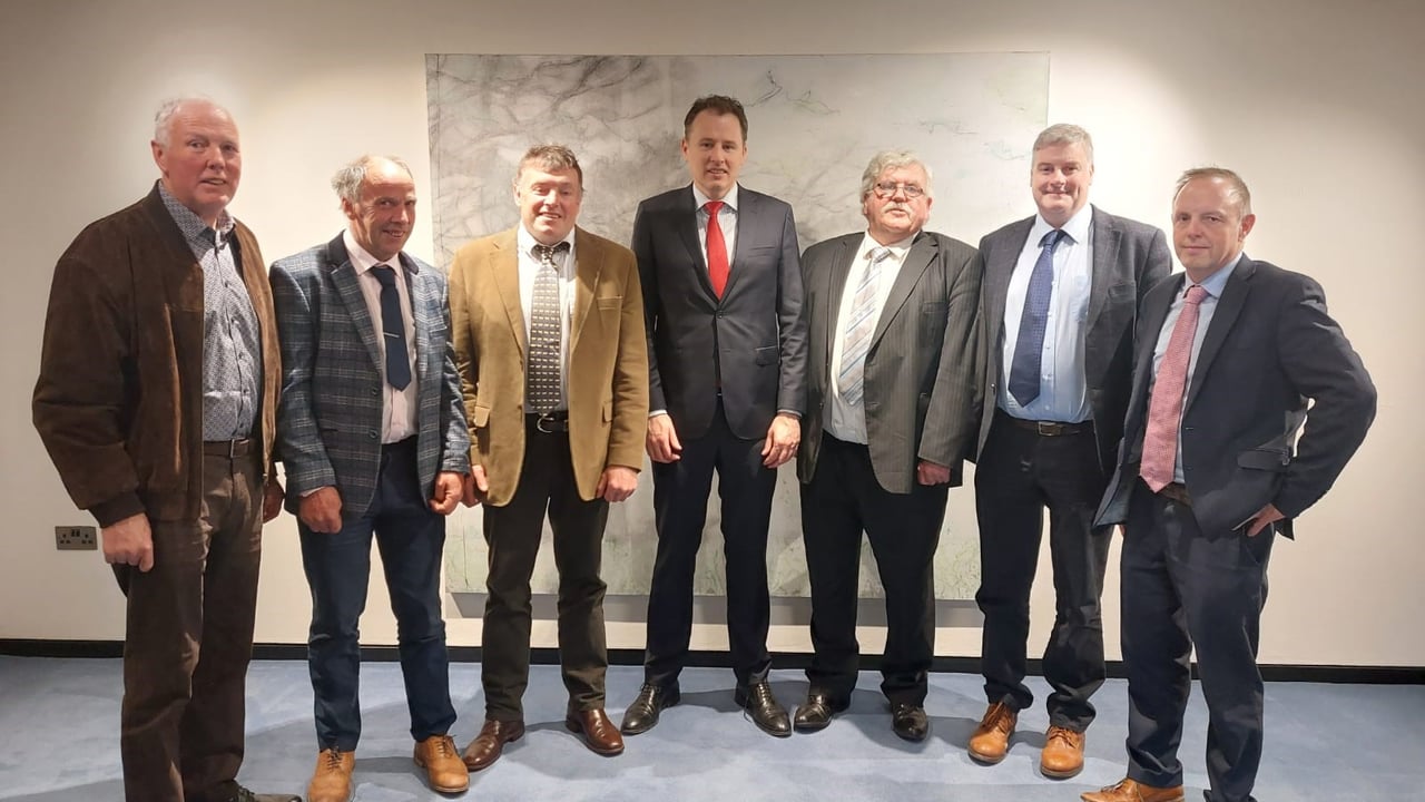 L-R: Tim Farrell; Sean McNamara; Jimmy Cosgrave; Minister Charlie McConalogue; ICSA president Dermot Kelleher; Edmund Graham; Eddie Punch