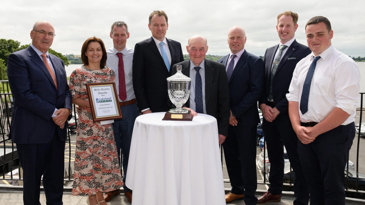 Michael Hanley, CEO Lakeland Dairies, Andrea and Alan Nicholson, Agriculture Minister Charlie McConalogue, William Nicholson, Niall Matthews, chairman, Lakeland Dairies, David Gunn, Easyfix, and Mark Gibson, Farm Staff Member