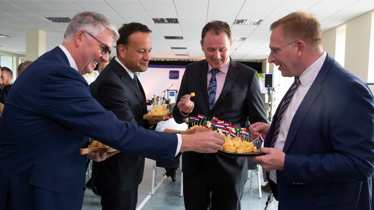 Jim Bergin, chief executive of Glanbia Co-op; Tánaiste Leo Varadkar; Charlie McConalogue, Minister for Agriculture, Food and the Marine; and Jan Anker, chief executive of Royal A-ware. Image: Patrick Browne