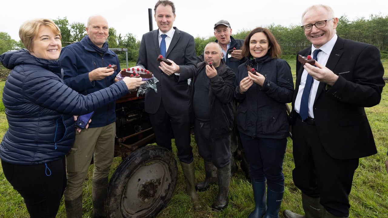 A slice of the action.  (left to right): Helen Doherty and Andrew Chilton, Social Farming Ireland; Minister Charlie McConalogue; Mykhailo Kozulin; Tommy Earley, social farmer; Aisling Moroney, Social Farming Ireland and Minister Frank Feighan