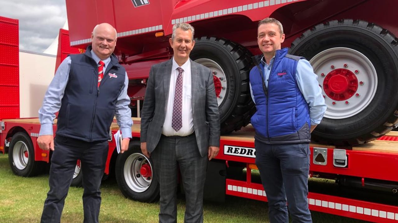 Minister Edwin Poots pictured at the Royal Highland Show with Frank Flynn and James Rooney from Redrock Machinery, manufacturers of  agricultural machinery in Armagh