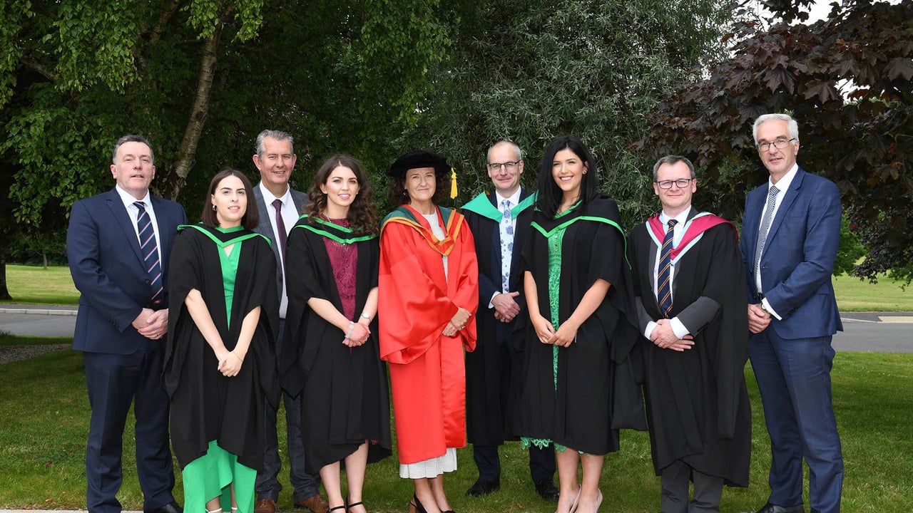 Top Food students Megan Cole (Portadown), Melissa Wilson (Markethill) and Cathy Parke (Magherafelt) were congratulated on attaining First Class Honours Degrees at the Loughry Campus Graduation Ceremony by the Platform Party. Guest Speaker: George Mullan (managing director, ABP Foods), Minister Poots MLA, (DAERA), Prof. Aine McKillop (associate dean, Ulster University), Martin McKendry (director, CAFRE), Shane McKinney (head of Food Education, CAFRE) and Norman Fulton (Deputy Secretary, DAERA)