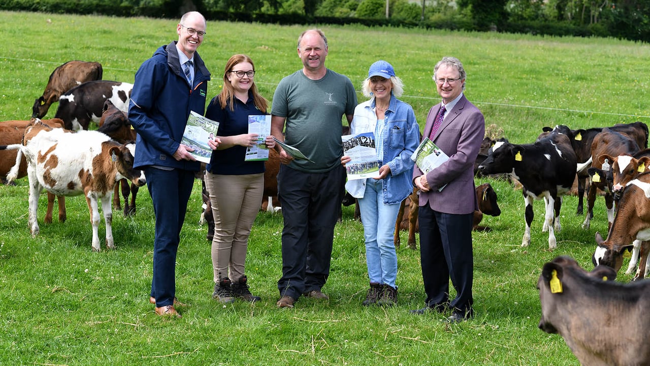 Pictured at the launch of Teagasc Regional Reviews on the farm of Clifford and Eileen Balding, Ballyhade, Castledermot, Co. Kildare (from left): Stan Lalor (director of Knowledge Transfer Teagasc); Marianne Mulhall (Teagasc advisor); Clifford & Eileen Balding (farmers); and Frank O' Mara (Teagasc director). Image: Rory Kellett NRF