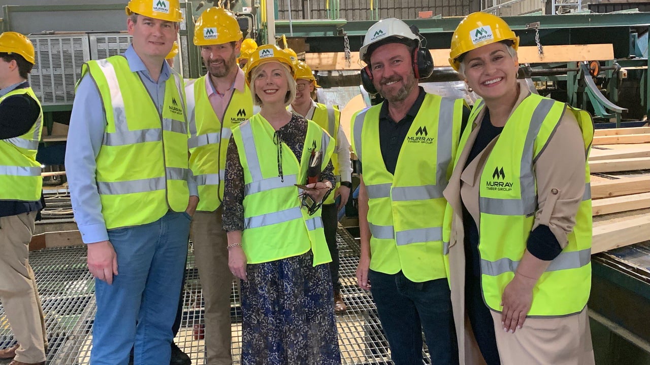 Senator Sean Kyne, MEP Colm Markey, Senator Regina Doherty, John Murray, MEP Maria Walsh at Murray Timber Group’s sawmill in Ballygar, Co. Galway.
Image: Hany Marzouk Photography