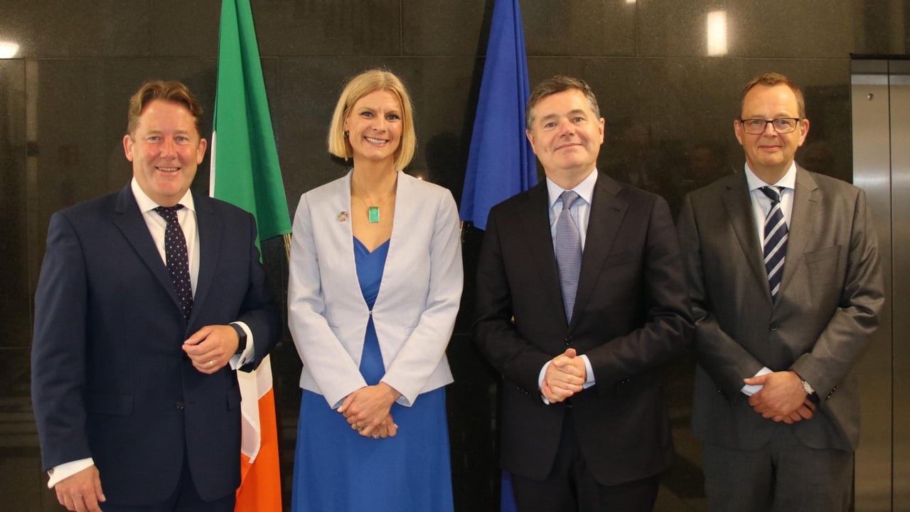 Housing Minister, Darragh O'Brien; Minister of State at the Department of Agriculture, Food and the Marine, Pippa Hackett; Finance Minister, Paschal Donohoe; vice-president of EIB, Christian Kettel-Thomsen. Image: Dept. of Finance Twitter