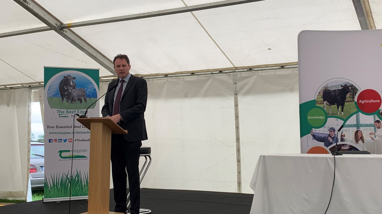 The Minister for Agriculture, Food and the Marine, Charlie McConalogue, speaking at the Teagasc BEEF2022 open day in Grange, Co. Meath today
