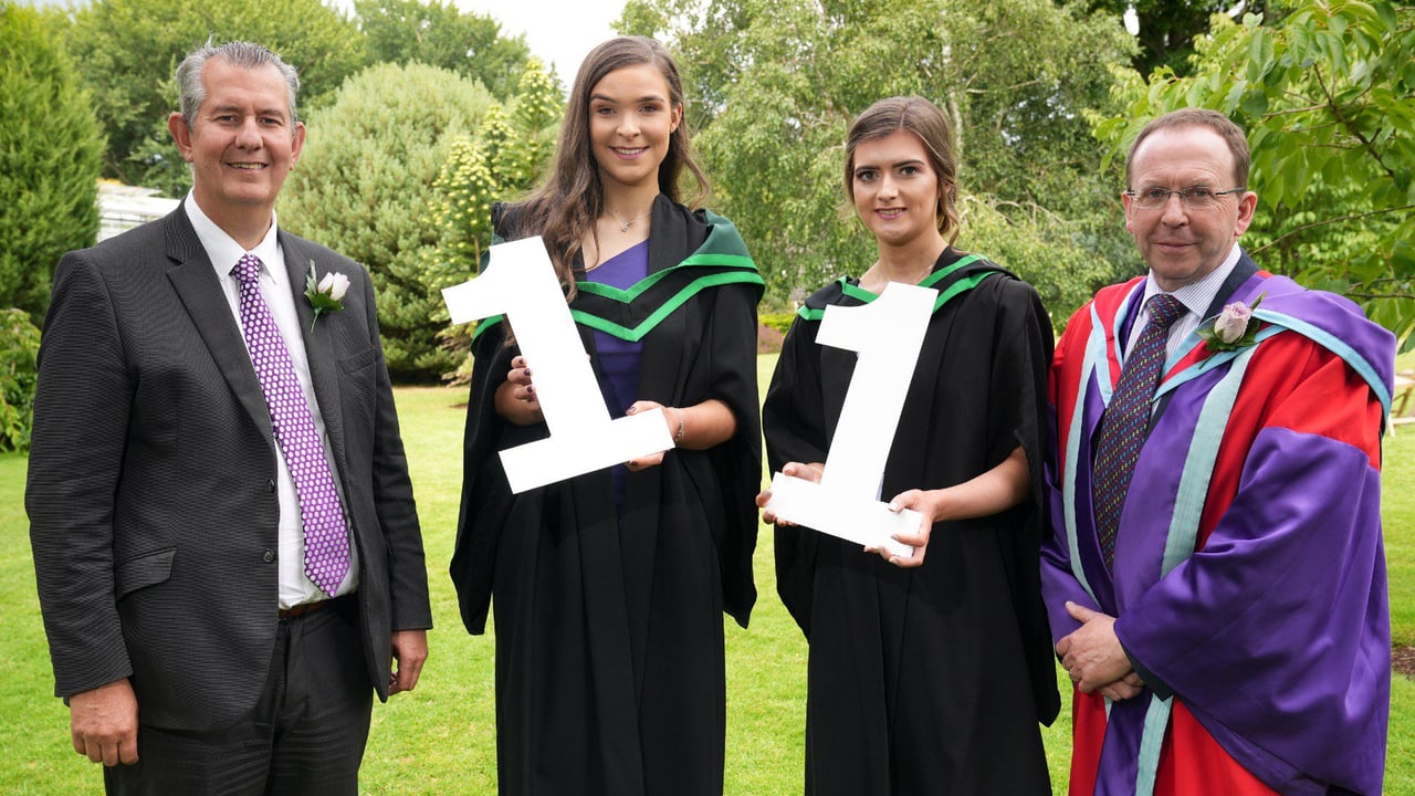 Dearbhle McLaughlin (Dunloy) and Nicola Mitchell (Banbridge) were awarded First Class Honours Degrees in Sustainable Agriculture at the CAFRE Agriculture Graduation Ceremony, Greenmount campus. Congratulating the graduates were DAERA Minister Poots MLA and Dr Mark Carson (Senior Lecturer, CAFRE)