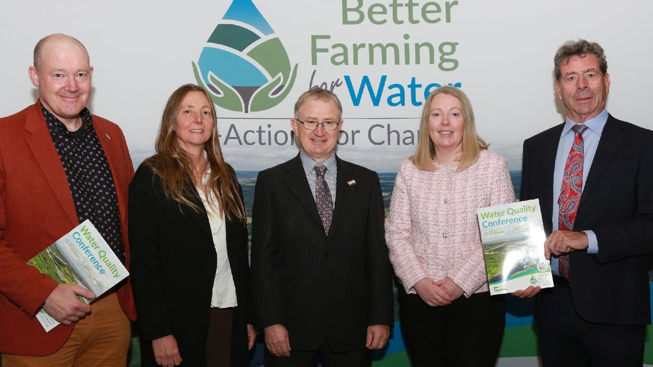 L-r: Prof. Richard McDowell, principal scientist at the New Zealand Institute for Bioeconomy Science; Dr. Jenny Deakin, programme manager with the EPA; Prof. Frank O’Mara, Teagasc director; Marie Archbold, senior adviser, Water Advisory Unit, Department of Housing, Local Government and Heritage; and Liam Herlihy, Teagasc Chairperson