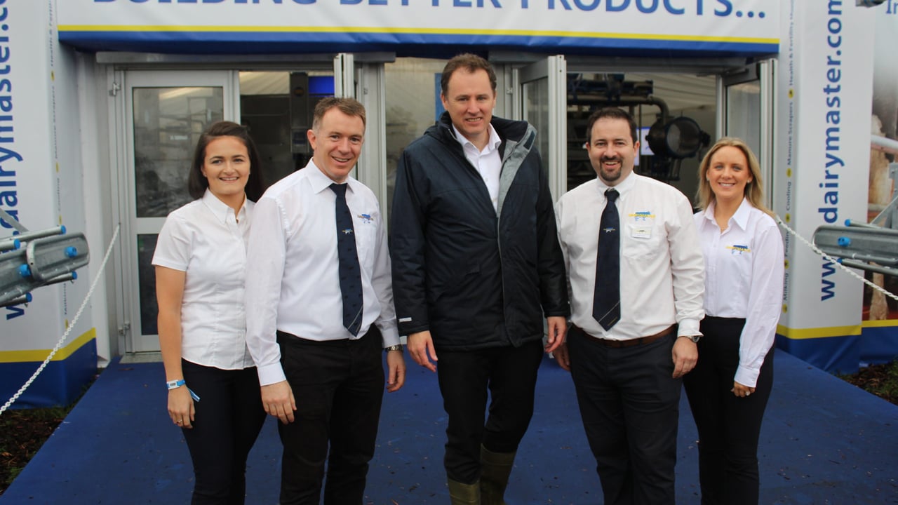 Minister for Agriculture, Food and the Marine, Charlie McConalogue is welcomed on to the Dairymaster stand at the 2022 National Ploughing Championships 