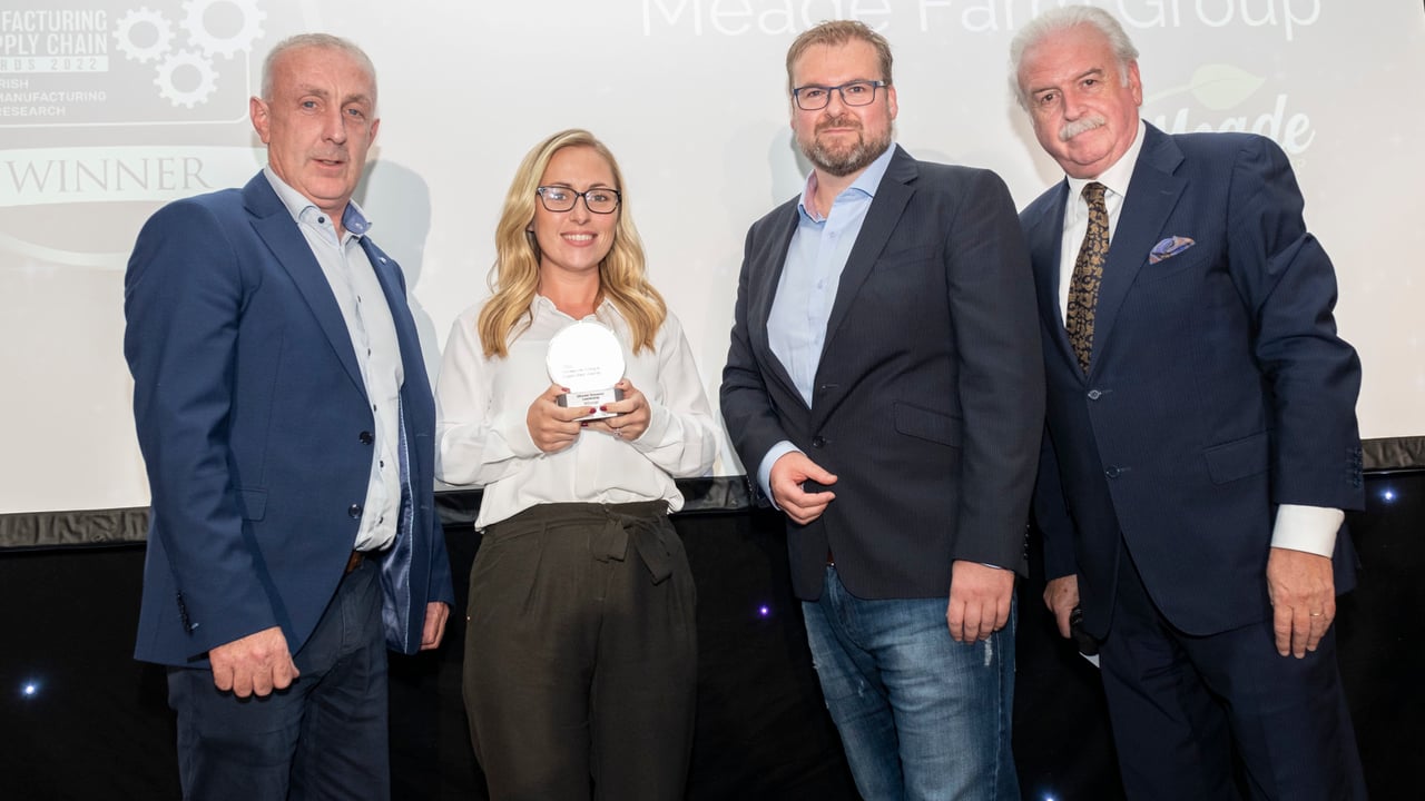 From left: Robert Devlin, general manager and executive director at Meade Farm Group; Eileen Hanan, HR manager at Meade Farm Group; David McCormack, director of sustainable manufacturing at IMR and Marty Whelan, Irish Radio personality at the 2022 IMR Manufacturing and Supply Chain Awards. Image source: Paul Sherwood
