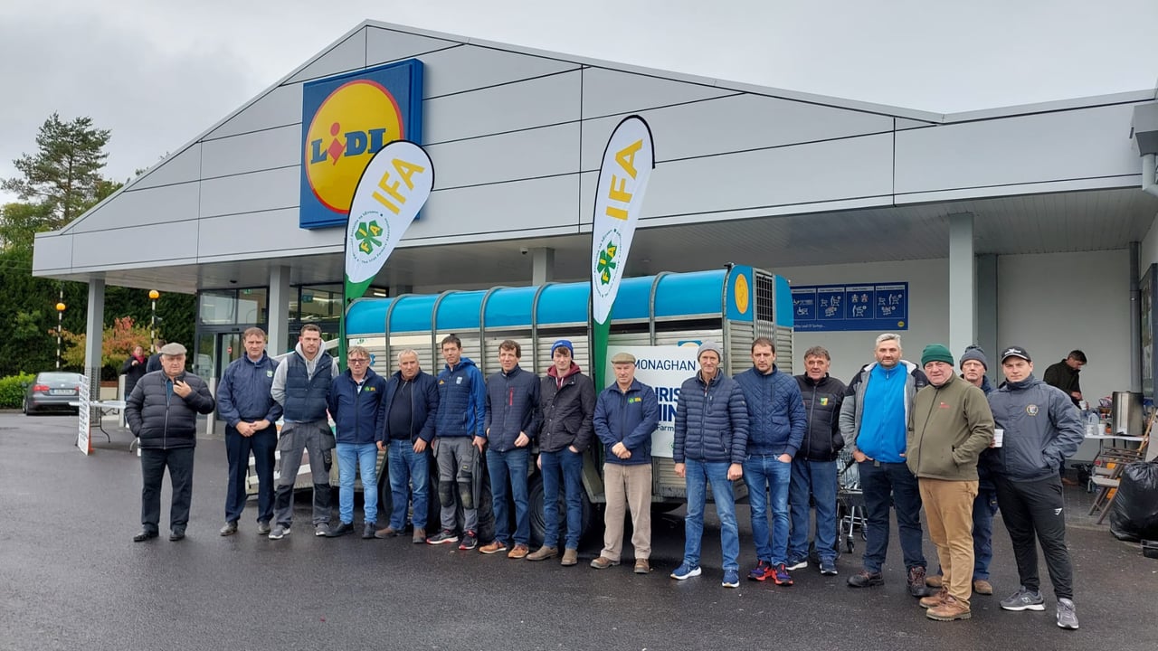 Farmers and IFA members continue to protest outside Lidl in Cavan town. Photo: John Horgan