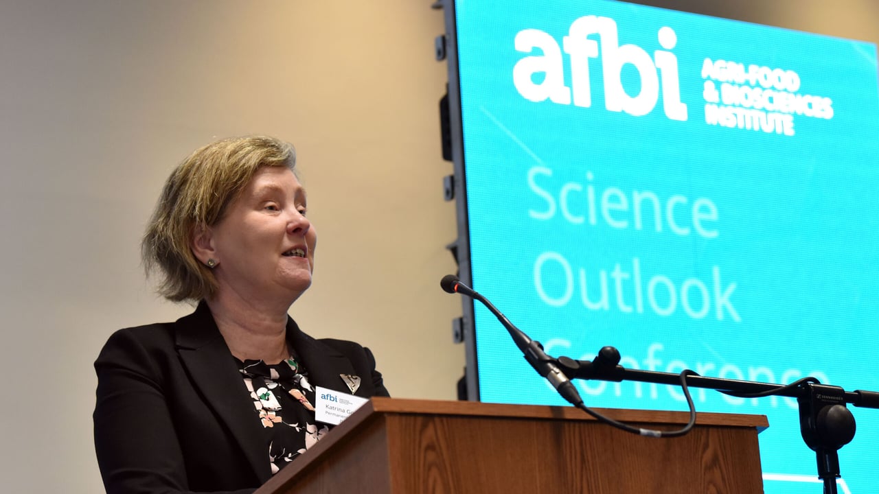 DAERA permanent-secretary Katrina Godfrey speaking at the 2022 AFBI science outlook conference