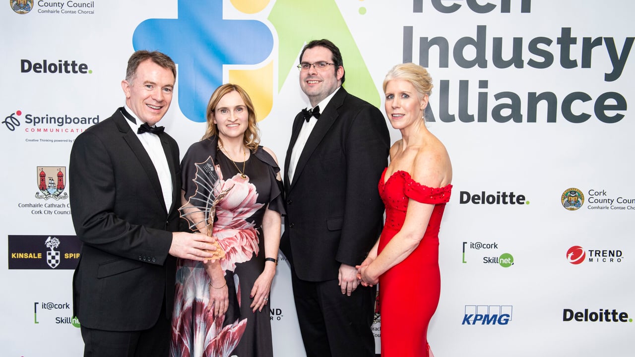 John and Anne Daly from Dairymaster are presented with the Multinational of the Year Award by Sean O’Reilly, RDJ and Aiveen Hyland, PepsiCo at the TIA Leaders Awards 2022, Rochestown Park Hotel.
Image: Gerard McCarthy 