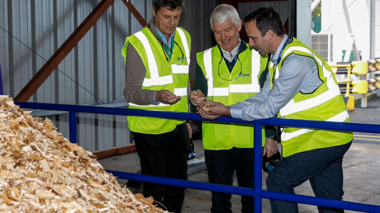 Danone CEO, Antoine de Saint-Affrique, Donal Dennehy, supply point director at Danone Macroom and Jean-Francois Cournil, supply point director at Danone Wexford.