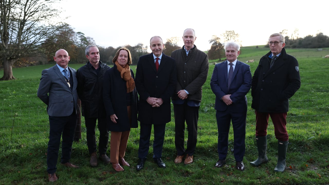 L-R: Chair of Meath County Council, Wayne Harding; Mícheál Brennan, Devenish; Prof. Alice Stanton, Devenish director of human health; Taoiseach Micheál Martin; Owen Brennan, chair of Devenish; Morgan Sheehy, Devenish; Prof Patrick Wall, (UCD)