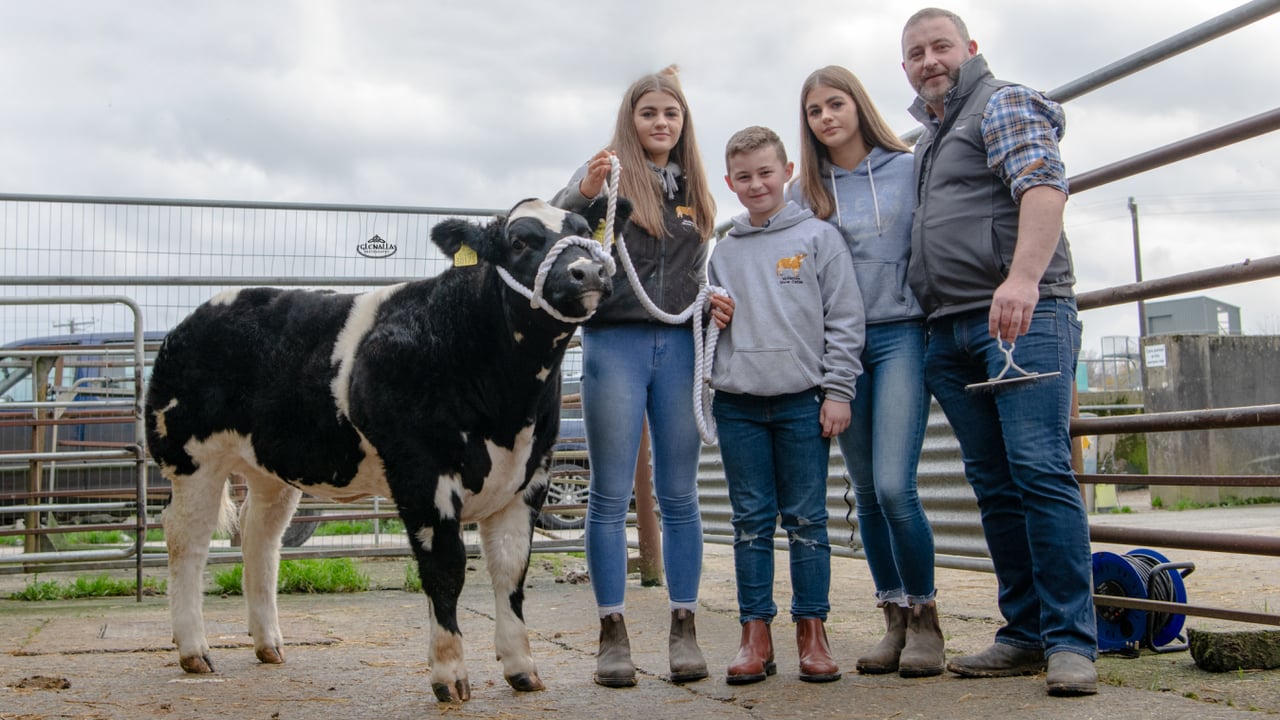 Pearse McNamee and his family pictured with their weanling heifer. Image source: Glenalla Photography