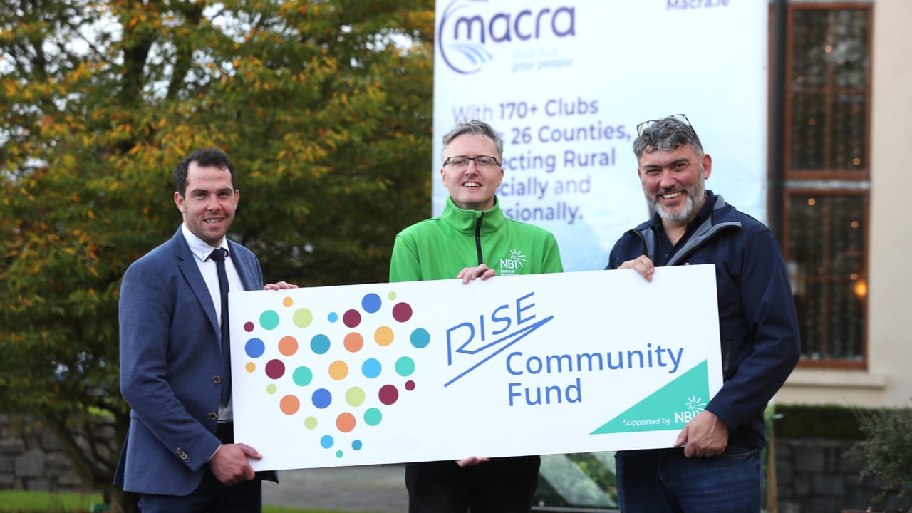 Macra president, John Keane; Niall Beirne, NBI; and Mick Curran, CEO of Macra, launching the Rise Community Fund partnership with Macra at Ballykisteen Golf Hotel.