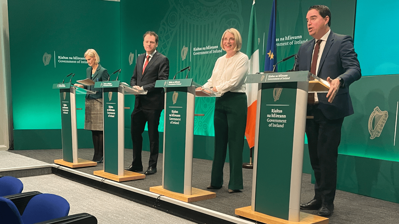 L-R Minister of State Pippa Hackett, Minister for Agriculture Charlie McConalouge, former Minister for Agriculture Mary Coughlan and Minister for State Martin Heydon speaking at the launch of the National Women in Farming Conference