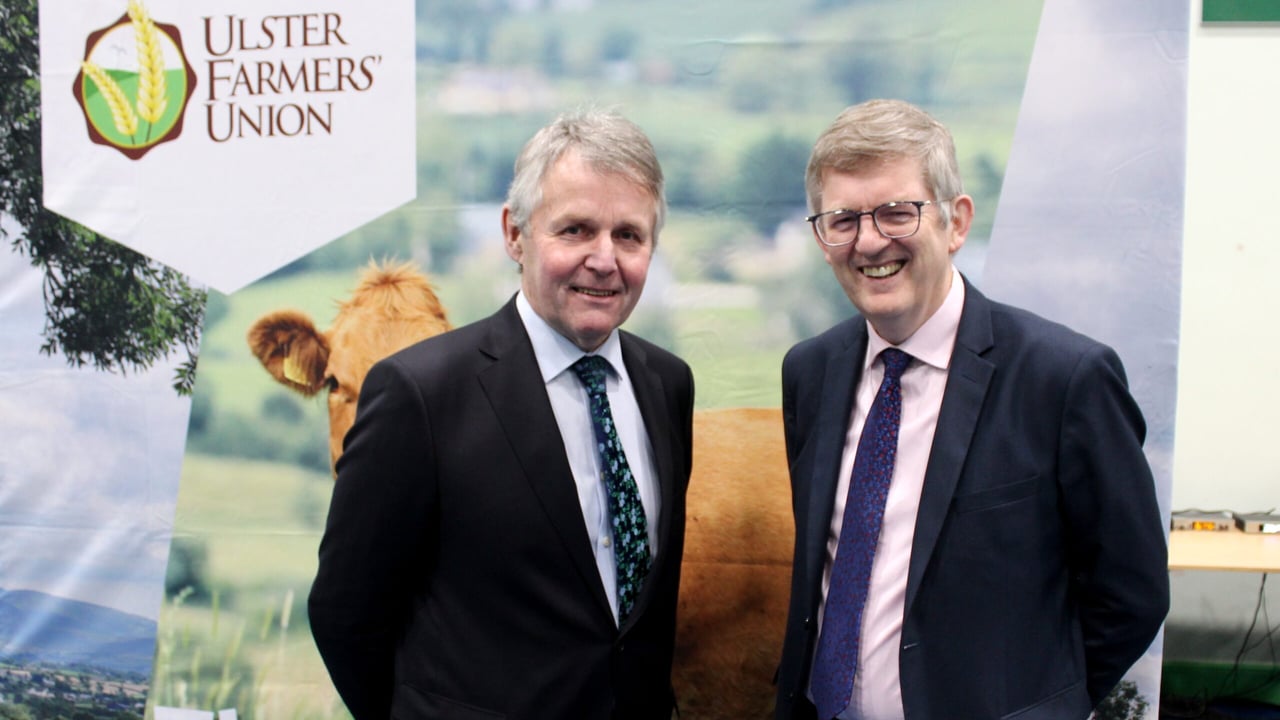 Chatting at the recent Ulster Arable Society  annual conference, society president Barclay Bell (left) and Grassland Agro managing director Liam Woulfe