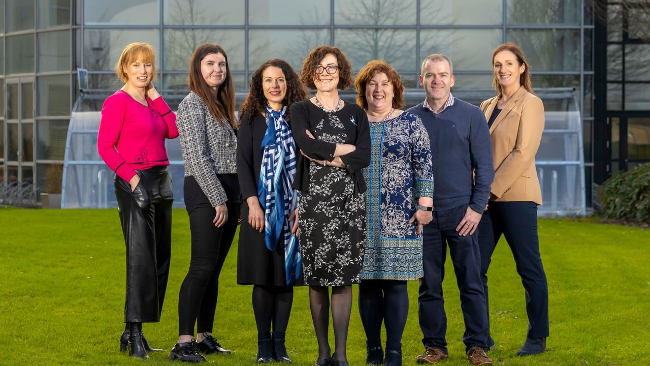 L-R: Dr. Patricia Bowe (head of Department of Management and Organisation, SETU Waterford); Dr. Muireann Prendergast (postdoctoral researcher, School of Humanities, SETU Waterford); Dr. Geraldine Canny (head of research, SETU Waterford); Prof. Sally Shortall (GRASS Ceiling project coordinator); Dr. Suzanne Denieffe (head of School of Humanities, SETU Waterford); Dr. Jamie Power (European Research Programme officer, Research Support Unit, SETU Waterford); Dr. Leana Reinl (lecturer, enterprise and management / academy lead, tourism and rural development, RIKON, SETU Waterford). 
Image: Patrick Browne 
