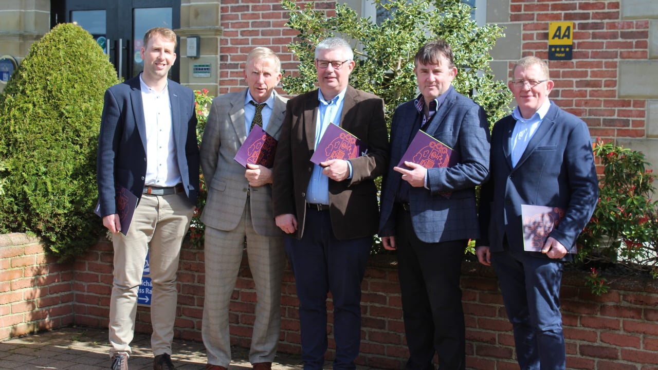 Speakers at the Adesco pig seminar: Sean O'Hare, Adesco; Prof. Patrick Wall, UCD; Dr. Peadar Lawlor, Teagasc; Prof. John O'Doherty, UCD; and John Ryan, Adesco 