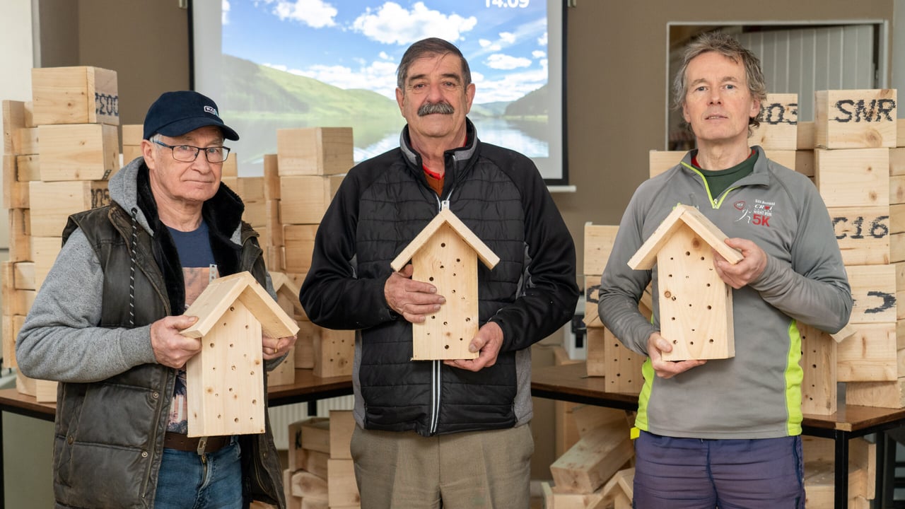 Seamus Swift (centre) and colleagues from the Kiltimagh Men’s Shed showcase their bee hotels