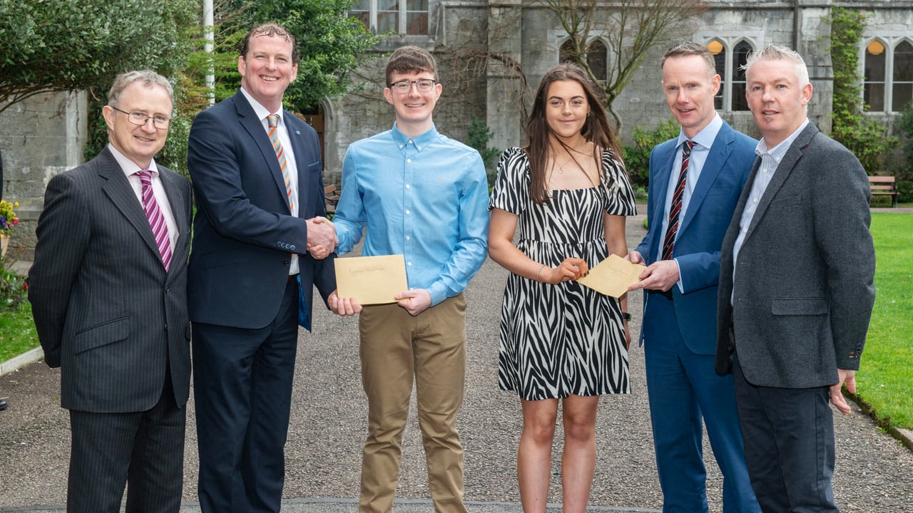 L-R: Teagasc director Prof. Frank O'Mara, Dairygold chair Sean O'Brien, students Eoghan Rodahan and Molly Kenny, Dairygold chief executive Conor Galvin and Professor of Agricultural Science at University College Cork (UCC) Frank Buckley Image: O'Gorman Photography