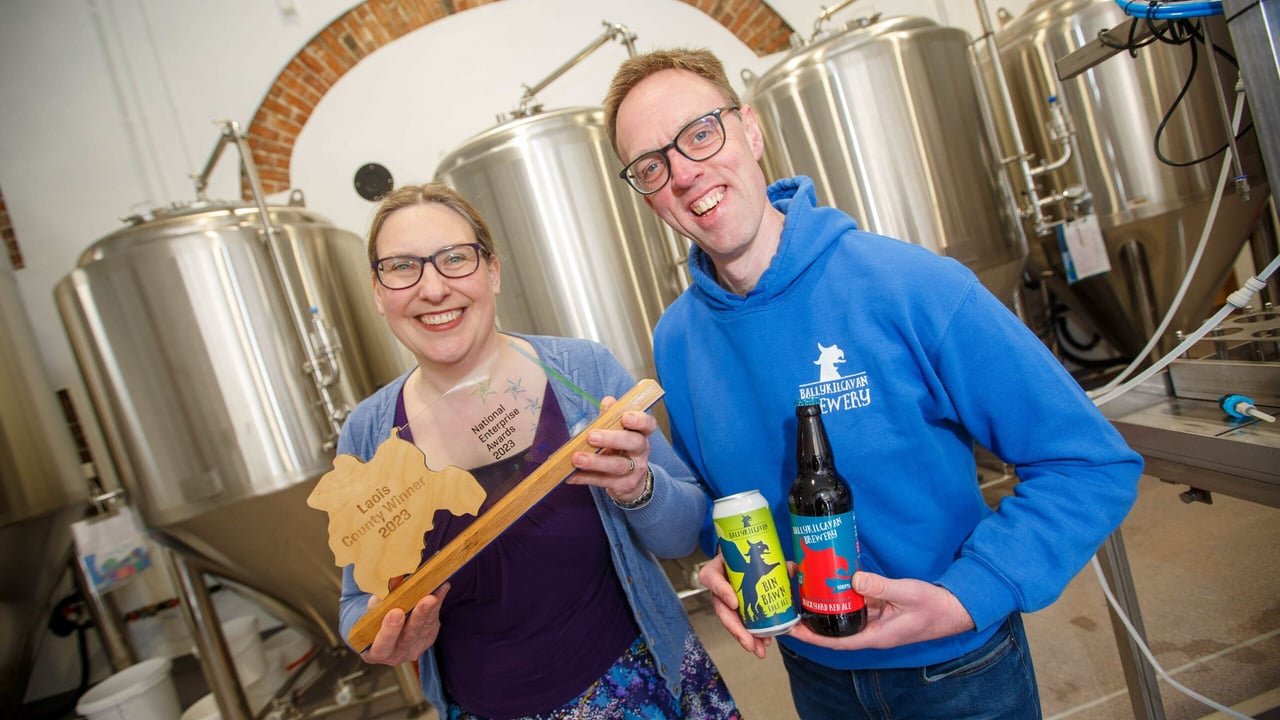 David and Lisa Walsh-Kemmis inside Ballykilcavan Brewery with their 2023 Laois County Enterprise Award.  Image source: Jeff Harvey.