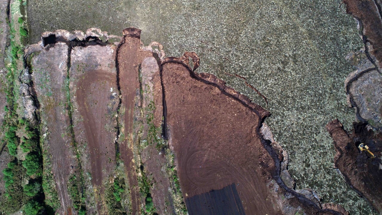 Drone image showing erosion of peatlands in Jamestown bog in Co. Meath Image: CeADAR