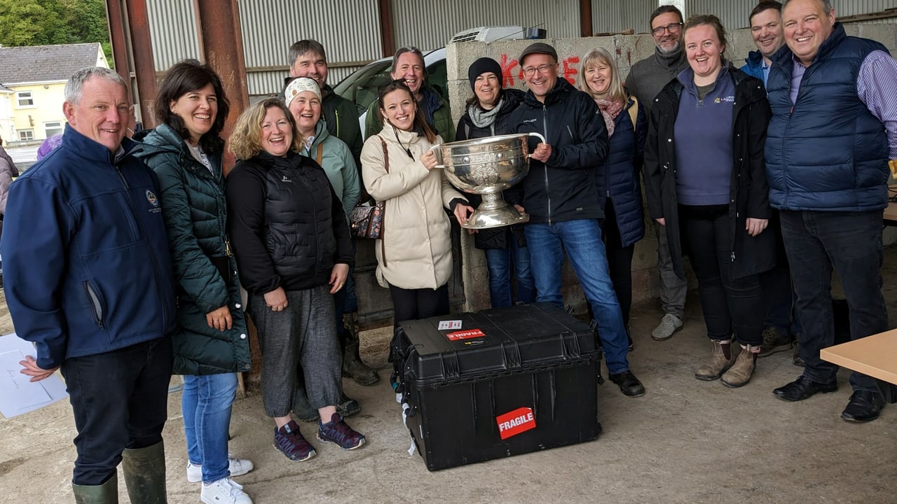 Joseph McCrohan, South Kerry Development Partnership (left) and host farmer Éamon Horgan, chair of Kerry Social Farming Working Group, (right), with a FarmElder group with members from Ireland, Germany, Portugal, Slovenia and Belgium on the Murphy farm in Kilgarvan Image: SKDP