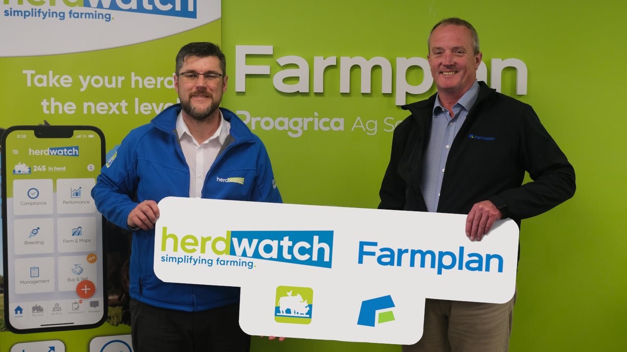 Herdwatch CEO and co-founder Fabien Peyaud and Farmplan by Proagrica managing director Piers Costley at the Farmplan headquarters in Ross-on-Wye, United Kingdom  