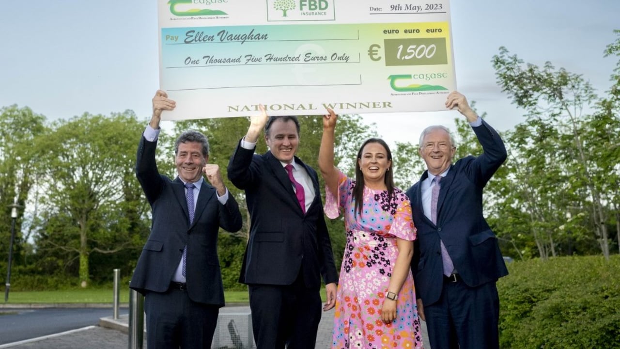 L-R: Teagasc Authority chairperson Liam Herlihy; Minister for Agriculture, Food and the Marine Charlie McConalogue; Teagasc/FBD Student of the Year Ellen Vaughan; and FBD Trust chairperson Michael Berkery. Image source: John Ohle Photography
