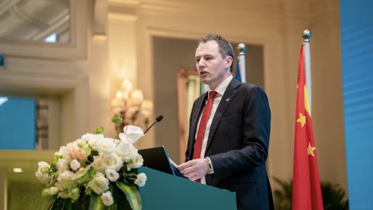 Minister for Agriculture, Food and the Marine Charlie McConalogue speaking during the trade mission in Beijing. Image: Bord Bia