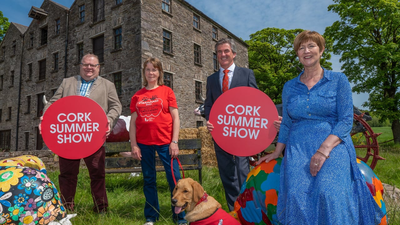 The Mayor of County Cork, Cllr Danny Collins, Noreen Healy of Autism Assistance Dogs Ireland (AADI) and Strudel, Robert Harkin, President of the Munster Agricultural Society, Sharon Corcoran, Director of Services of Economic Development, Enterprise & Tourism Directorate, Cork County Council. Pictured at Preview Launch of Cork Summer Show 2023, at Bealick Mill, Macroom County Cork Pic: Jim Rocks Photography