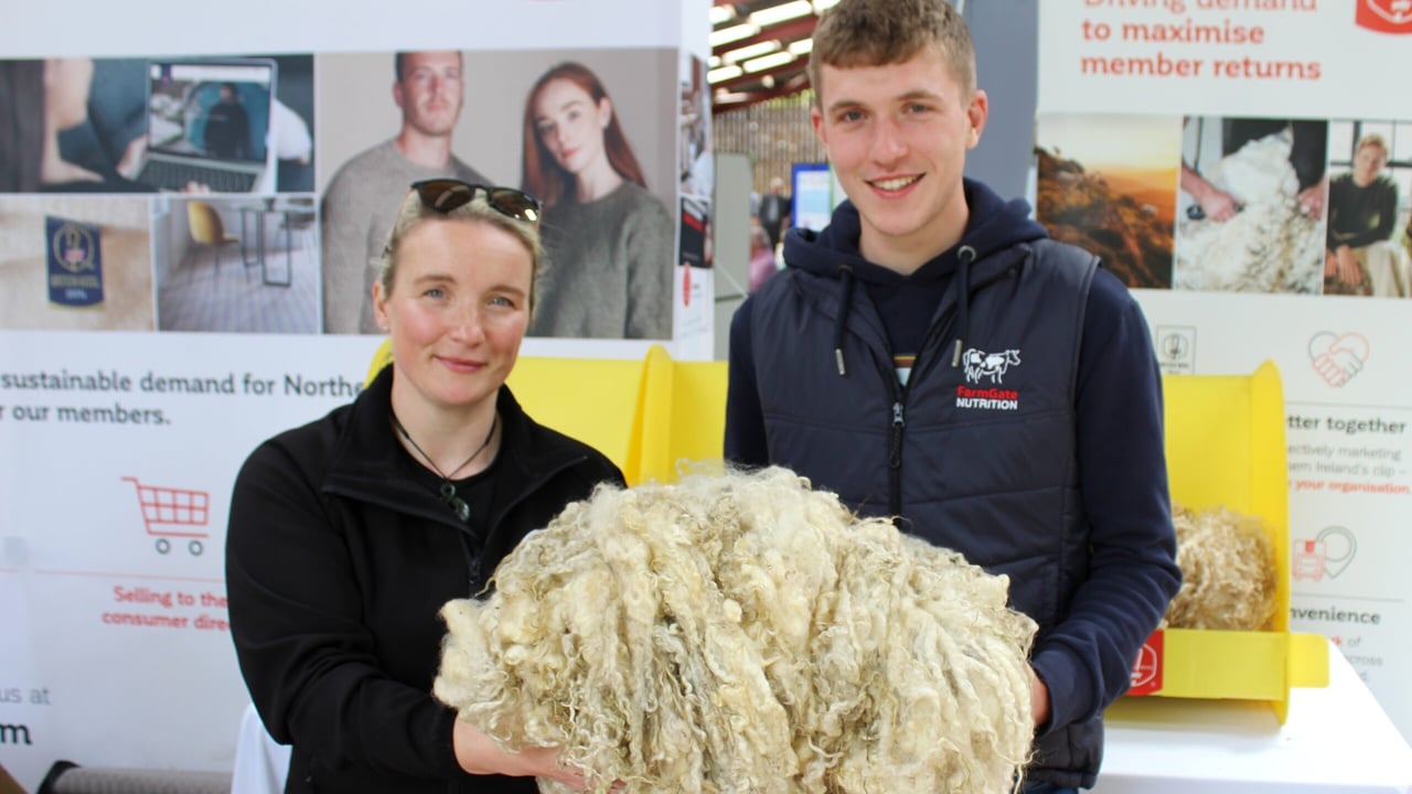 Ulster Wool's Jayne Harkness-Bones chatting to George Donaghy, from Omagh at Sheep Northern Ireland 2023 event. 