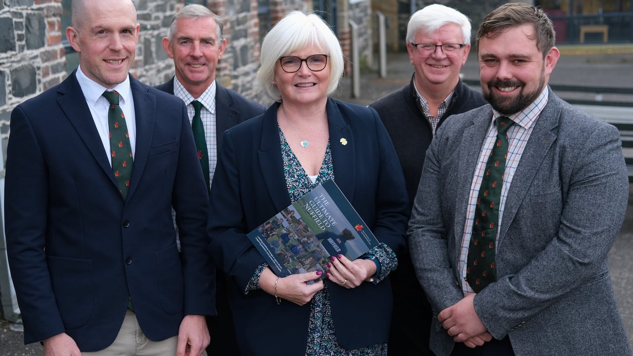 Nuffield Scholarship recipients (front from left): Jonny Hanson, Oonagh Chesney and Gary Spence pictured with (at back) Rupert Alers-Hankey, UK director designate, Nuffield Farming Scholarships and Keith Willis, Thomas Henry Foundation. Image source:: Columba O'Hare/Newry.ie