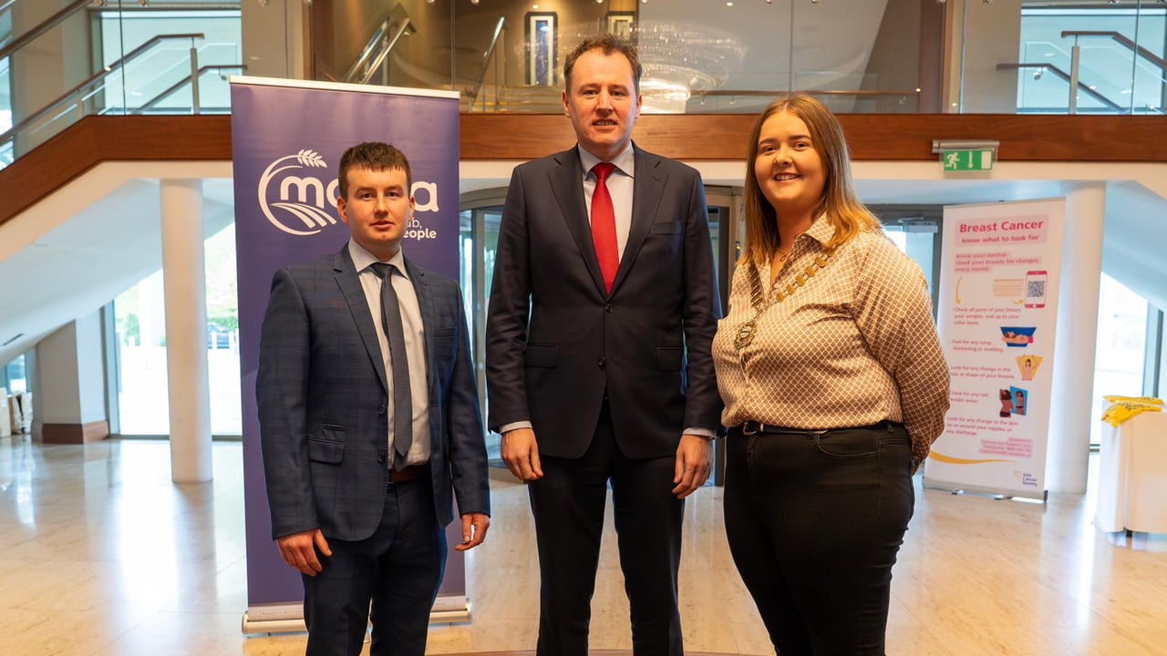 Liam Hanrahan, Minister for Agriculture, Food and the Marine Charlie McConalogue, and Macra president Elaine Houlihan Source: Macra