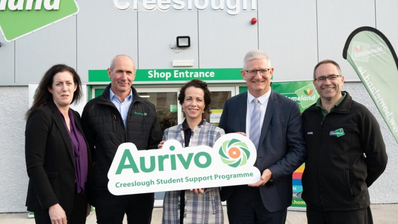 Sheila Maloney, general manager Aurivo Agribusiness; Raymond Barlow, chairman of Aurivo; Fiona Temple, school principal, Mulroy College; Donal Tierney, CEO of Aurivo; and Mark Alcorn, store manager, Homeland Agri Creeslough


