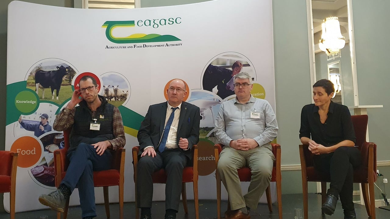 Dr. Derek McLoughlin, project manager, Wild Atlantic Nature LIFE IP; Tom Houlihan, Teagasc; Prof. Gary Lanigan, Teagasc; Prof. Florence Renou-Wilson during the panel discussion at the 2023 Uplands Symposium