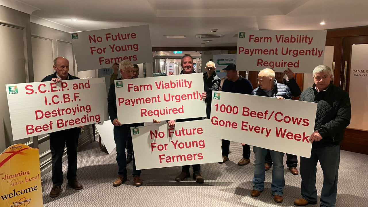 Farmers protesting at the 2023 National Beef Conference in Ballinasloe, Co. Galway