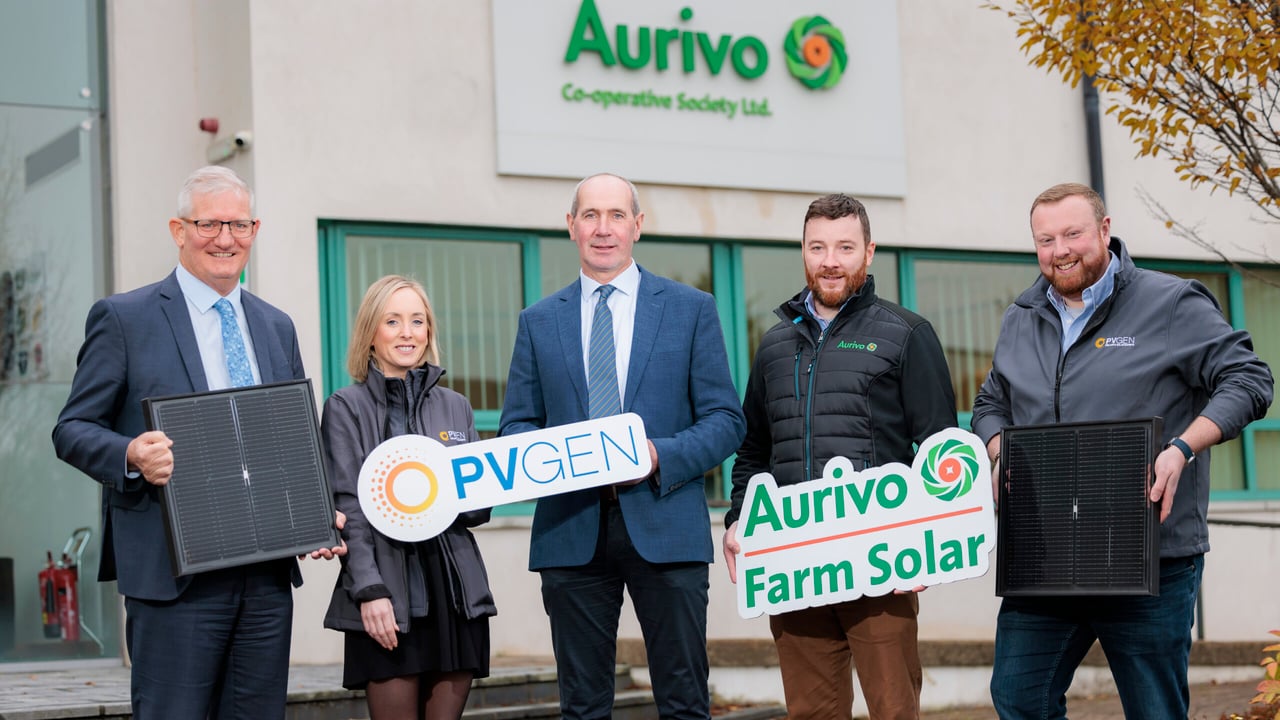 Donal Tierney, CEO Aurivo; Laura McArdle, MD PVGen; Raymond Barlow, chairman Aurivo; Delcan Marren, farm profitability and sustainability manager, Aurivo; Eoin Walsh, business development manager, PVGen
