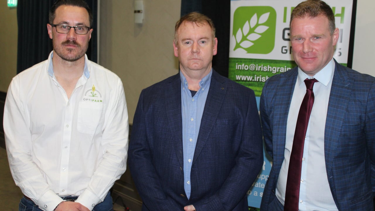 Attending the recent Irish Grain Growers' Group (IGGG) meeting in Ashbourne, Co Meath, (l-r): Darren Plant, Optifarm; Bobby Miller, IGGG; and Enda McDonald, Grassland Agro